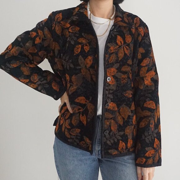 Vintage Christopher Banks Black Orange Fall Leaves Tapestry Blazer Reversible M - Picture 2 of 10